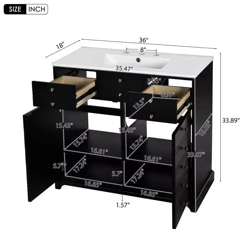 Mobile Bagno con Lavabo, Mobile Lavabo Bagno con 2 Cassetti e 2 Ante a Chiusura Ammortizzata, 16 Maniglie Decorative, Mobile Sottolavabo da Bagno in Legno Nero