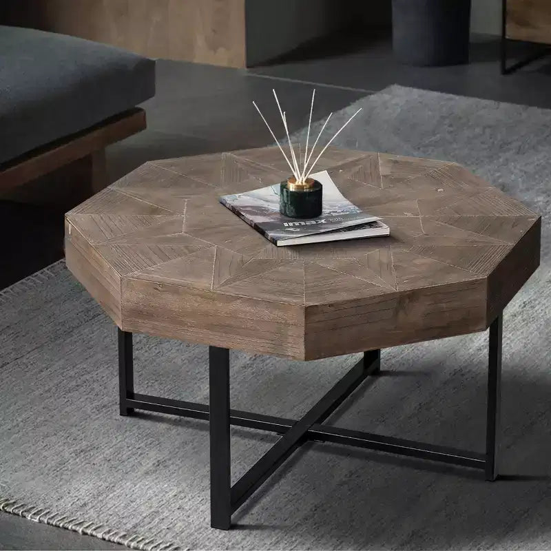 Tavolino da salotto Clihome in legno ottagonale vintage con patchwork, stile rustico, piano in legno da 30 pollici e gambe incrociate in metallo