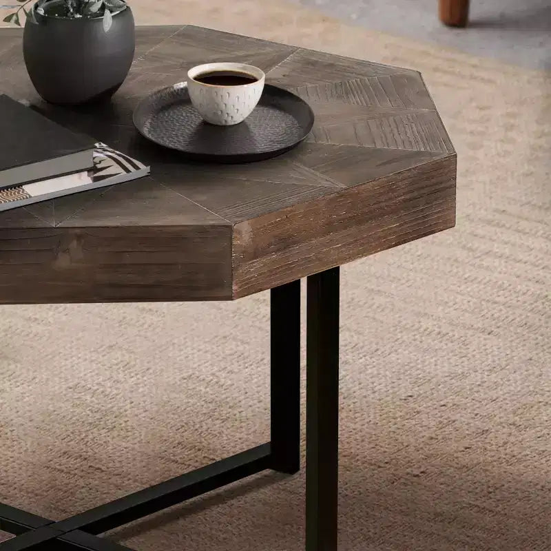 Tavolino da salotto Clihome in legno ottagonale vintage con patchwork, stile rustico, piano in legno da 30 pollici e gambe incrociate in metallo