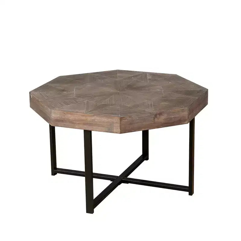 Tavolino da salotto Clihome in legno ottagonale vintage con patchwork, stile rustico, piano in legno da 30 pollici e gambe incrociate in metallo