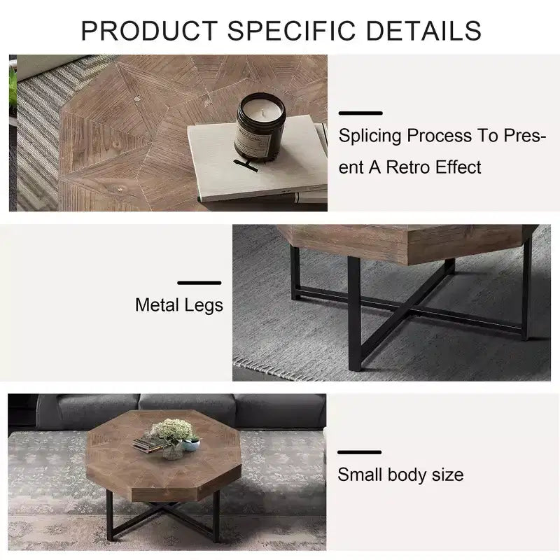 Tavolino da salotto Clihome in legno ottagonale vintage con patchwork, stile rustico, piano in legno da 30 pollici e gambe incrociate in metallo