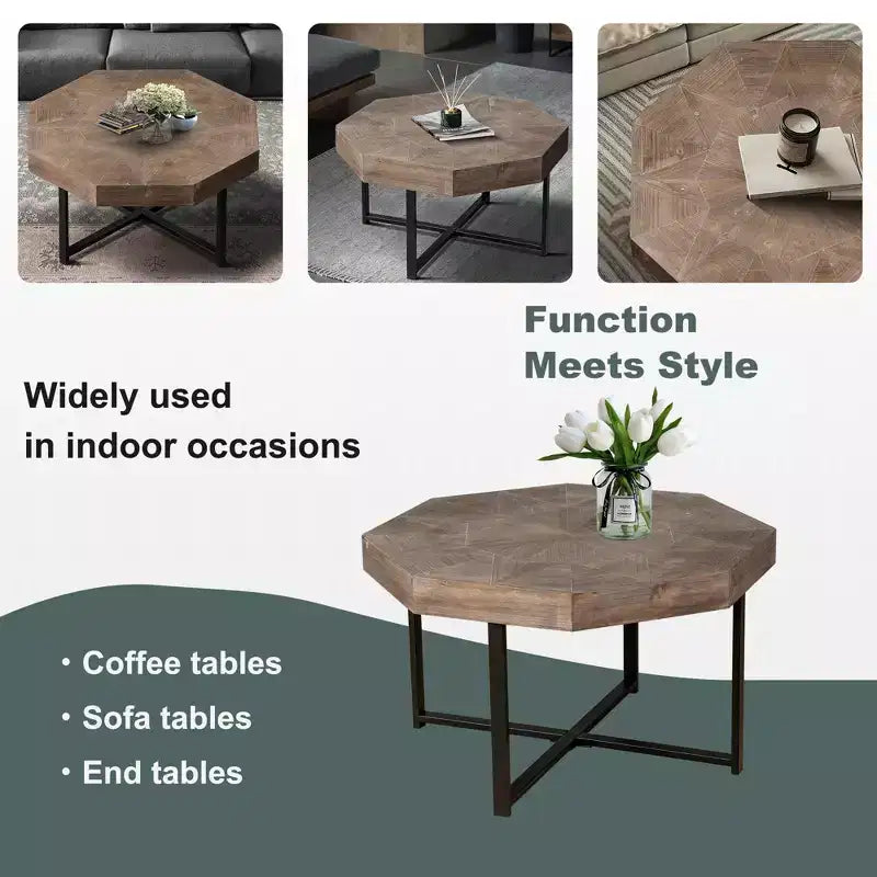 Tavolino da salotto Clihome in legno ottagonale vintage con patchwork, stile rustico, piano in legno da 30 pollici e gambe incrociate in metallo