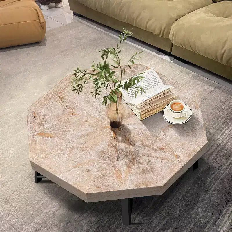 Tavolino da salotto Clihome in legno ottagonale vintage con patchwork, stile rustico, piano in legno da 30 pollici e gambe incrociate in metallo