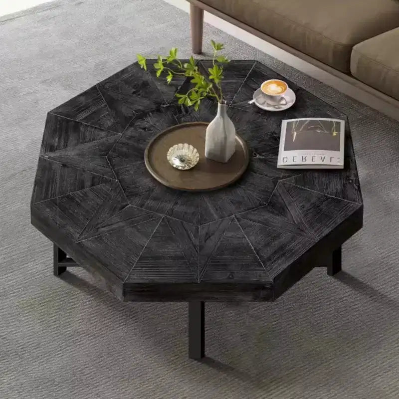 Tavolino da salotto Clihome in legno ottagonale vintage con patchwork, stile rustico, piano in legno da 30 pollici e gambe incrociate in metallo
