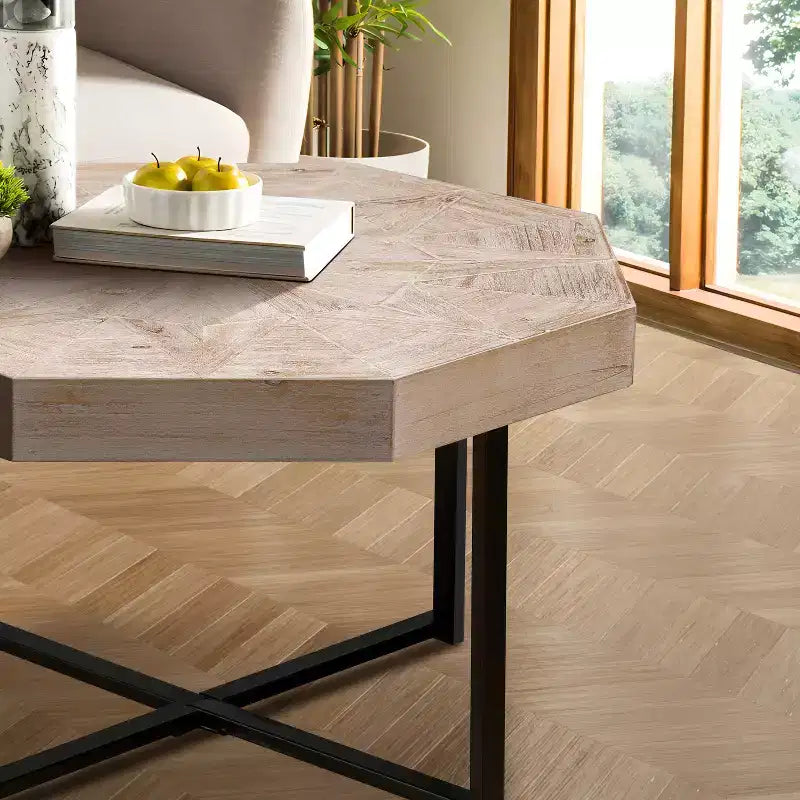 Tavolino da salotto Clihome in legno ottagonale vintage con patchwork, stile rustico, piano in legno da 30 pollici e gambe incrociate in metallo