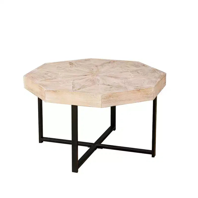 Tavolino da salotto Clihome in legno ottagonale vintage con patchwork, stile rustico, piano in legno da 30 pollici e gambe incrociate in metallo