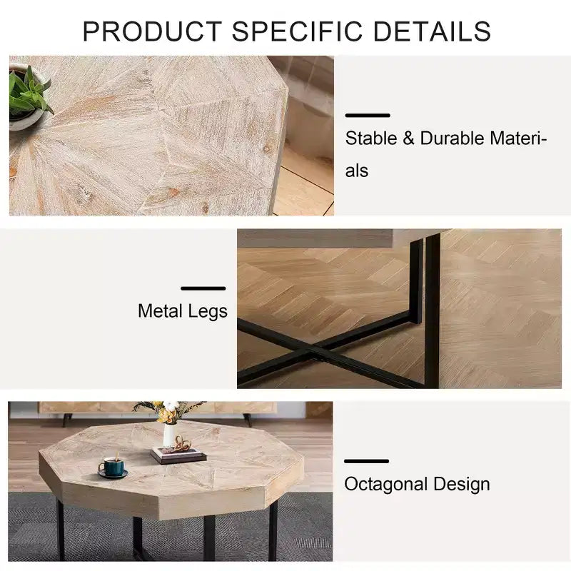 Tavolino da salotto Clihome in legno ottagonale vintage con patchwork, stile rustico, piano in legno da 30 pollici e gambe incrociate in metallo