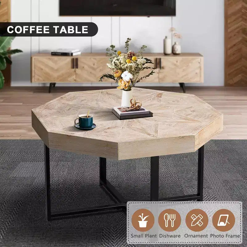 Tavolino da salotto Clihome in legno ottagonale vintage con patchwork, stile rustico, piano in legno da 30 pollici e gambe incrociate in metallo
