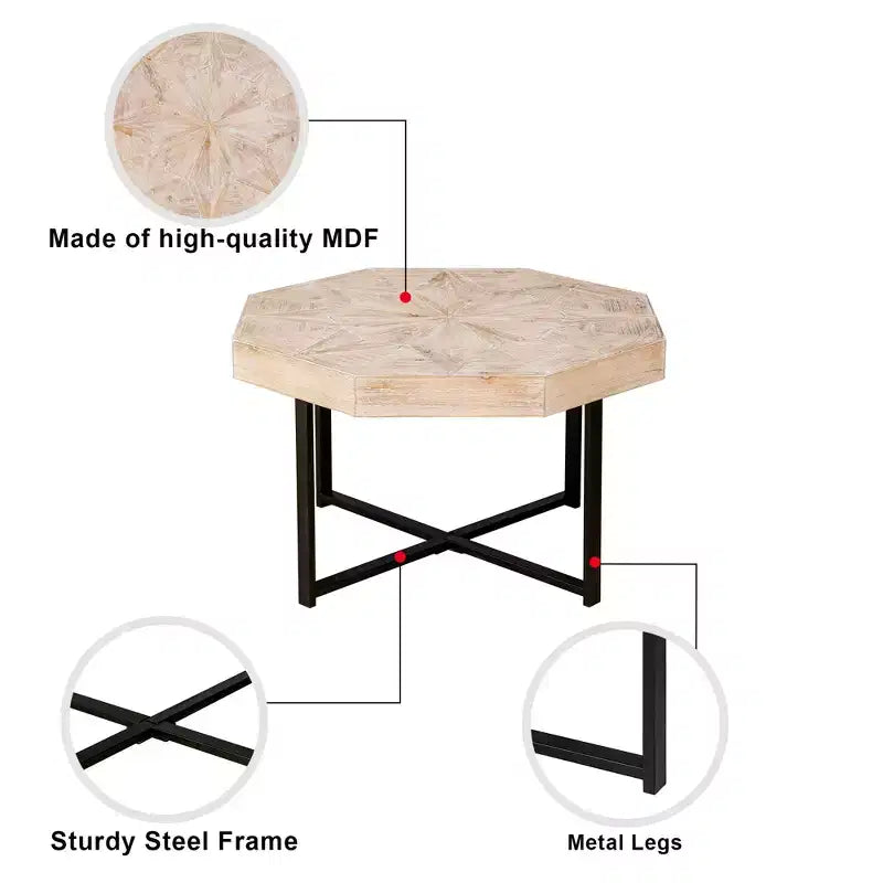 Tavolino da salotto Clihome in legno ottagonale vintage con patchwork, stile rustico, piano in legno da 30 pollici e gambe incrociate in metallo