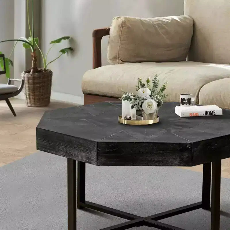 Tavolino da salotto Clihome in legno ottagonale vintage con patchwork, stile rustico, piano in legno da 30 pollici e gambe incrociate in metallo