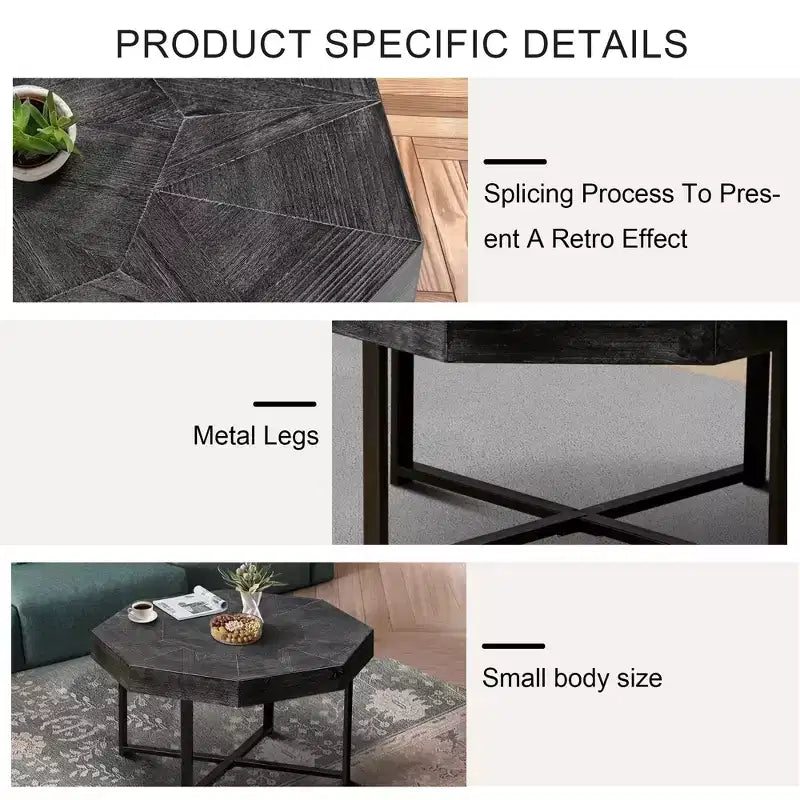 Tavolino da salotto Clihome in legno ottagonale vintage con patchwork, stile rustico, piano in legno da 30 pollici e gambe incrociate in metallo