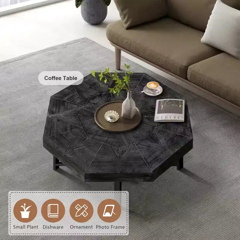 Tavolino da salotto Clihome in legno ottagonale vintage con patchwork, stile rustico, piano in legno da 30 pollici e gambe incrociate in metallo