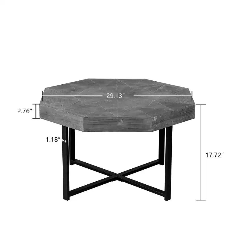 Tavolino da salotto Clihome in legno ottagonale vintage con patchwork, stile rustico, piano in legno da 30 pollici e gambe incrociate in metallo