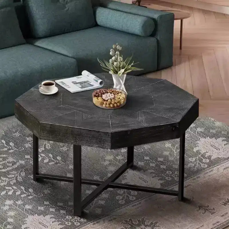 Clihome Wood Octagonal Vintage Patchwork Craft Farmhouse 30 Inch Wooden Table Top Cross Metal Legs Coffee Table for Living Room