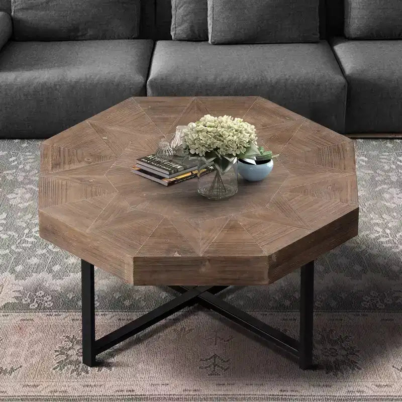 Tavolino da salotto Clihome in legno ottagonale vintage con patchwork, stile rustico, piano in legno da 30 pollici e gambe incrociate in metallo