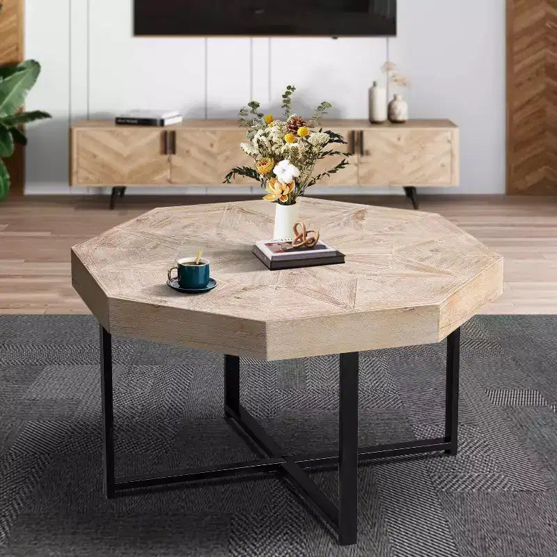 Tavolino da salotto Clihome in legno ottagonale vintage con patchwork, stile rustico, piano in legno da 30 pollici e gambe incrociate in metallo