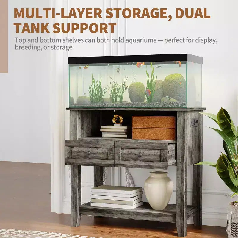 COZONY Supporto per acquario da 75-110 litri con stazione di ricarica, mobiletto per acquario resistente da 300 kg con cassetti
