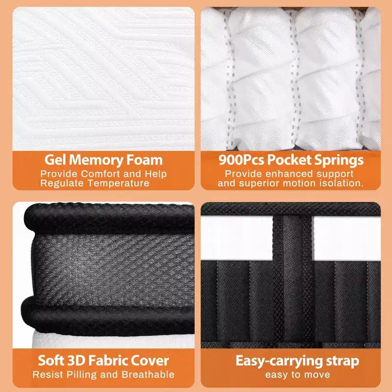 Materasso matrimoniale in scatola, materasso matrimoniale da 14 pollici, materasso in memory foam con gel rinfrescante, molle insacchettate per isolamento dal movimento
