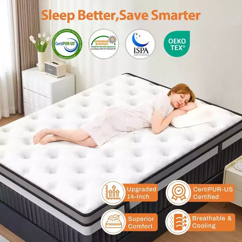 Materasso matrimoniale in scatola, materasso matrimoniale da 14 pollici, materasso in memory foam con gel rinfrescante, molle insacchettate per isolamento dal movimento