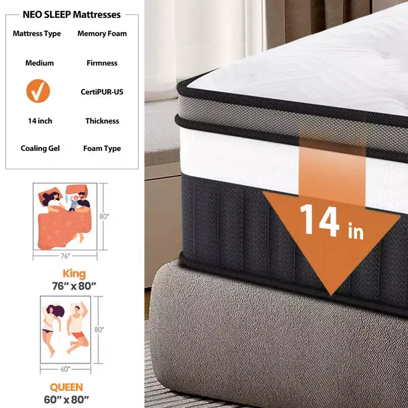 Materasso matrimoniale in scatola, materasso matrimoniale da 14 pollici, materasso in memory foam con gel rinfrescante, molle insacchettate per isolamento dal movimento