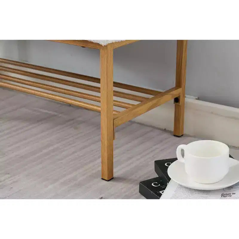 TUYOHW Panca scarpiera morbida Teddy da 32 pollici con ripiano, panca ottomana moderna a fine letto, panca da ingresso con contenitore e gambe in metallo, capacità di 300 libbre