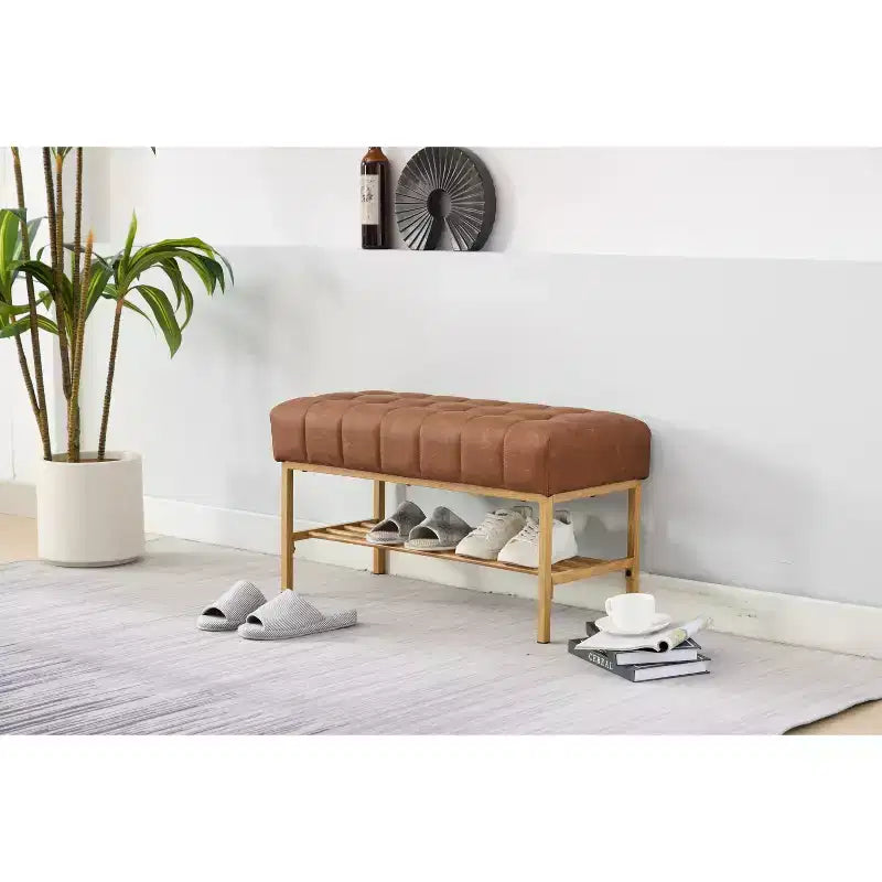 TUYOHW Panca scarpiera morbida Teddy da 32 pollici con ripiano, panca ottomana moderna a fine letto, panca da ingresso con contenitore e gambe in metallo, capacità di 300 libbre