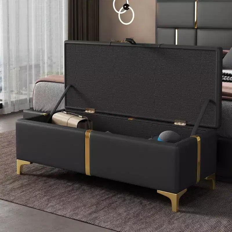 TUYOHW 47.2 Panchina a fine letto, Pouf contenitore di lusso in PU nero e oro con gambe in metallo, Panchina decorativa da letto, Capacità 113 kg