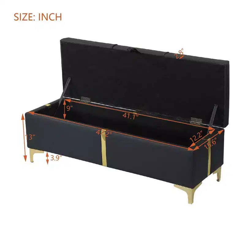 TUYOHW 47.2 Panchina a fine letto, Pouf contenitore di lusso in PU nero e oro con gambe in metallo, Panchina decorativa da letto, Capacità 113 kg