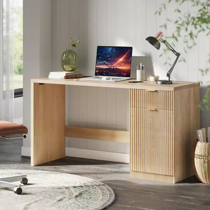 60 Modern Fluted Executive Desk with Storage Cabinet - Wooden Computer Writing Table with Drawer & Cabinet for Home Office, Study, Living Room