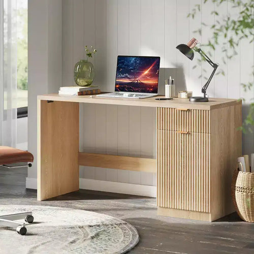 60 Modern Fluted Executive Desk with Storage Cabinet - Wooden Computer Writing Table with Drawer & Cabinet for Home Office, Study, Living Room