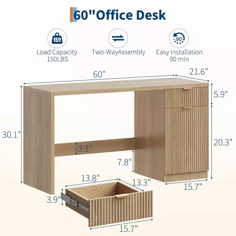 Scrivania direzionale moderna scanalata da 60 pollici con mobiletto contenitore - Tavolo da scrittura per computer in legno con cassetto e armadietto per ufficio, studio, soggiorno