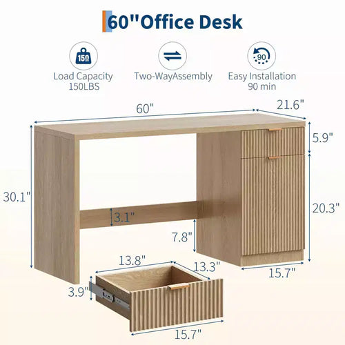 Scrivania direzionale moderna scanalata da 60 pollici con mobiletto contenitore - Tavolo da scrittura per computer in legno con cassetto e armadietto per ufficio, studio, soggiorno