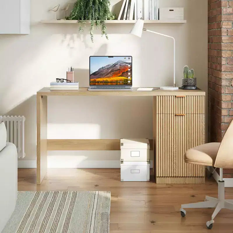 Scrivania direzionale moderna scanalata da 60 pollici con mobiletto contenitore - Tavolo da scrittura per computer in legno con cassetto e armadietto per ufficio, studio, soggiorno