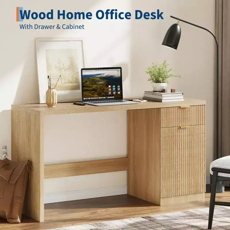 Scrivania direzionale moderna scanalata da 60 pollici con mobiletto contenitore - Tavolo da scrittura per computer in legno con cassetto e armadietto per ufficio, studio, soggiorno