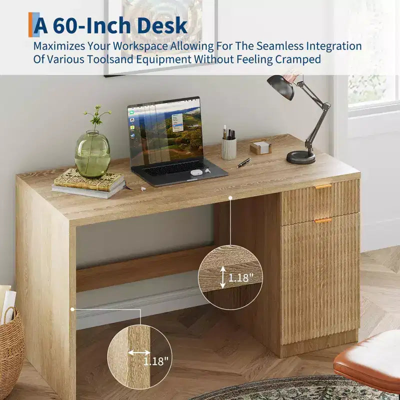 Scrivania direzionale moderna scanalata da 60 pollici con mobiletto contenitore - Tavolo da scrittura per computer in legno con cassetto e armadietto per ufficio, studio, soggiorno