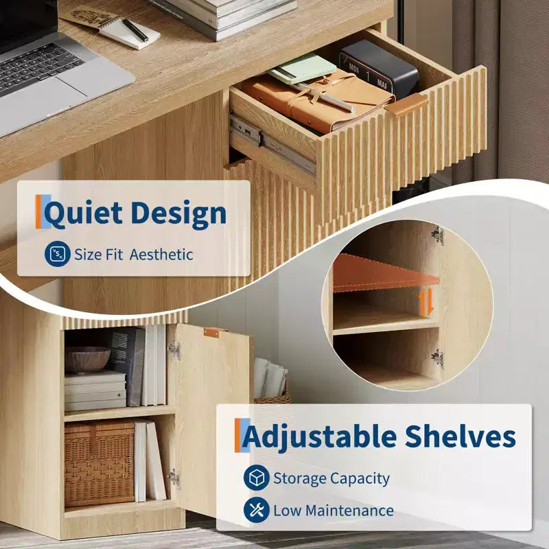 Scrivania direzionale moderna scanalata da 60 pollici con mobiletto contenitore - Tavolo da scrittura per computer in legno con cassetto e armadietto per ufficio, studio, soggiorno