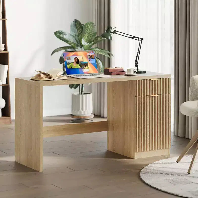 Scrivania direzionale moderna scanalata da 60 pollici con mobiletto contenitore - Tavolo da scrittura per computer in legno con cassetto e armadietto per ufficio, studio, soggiorno