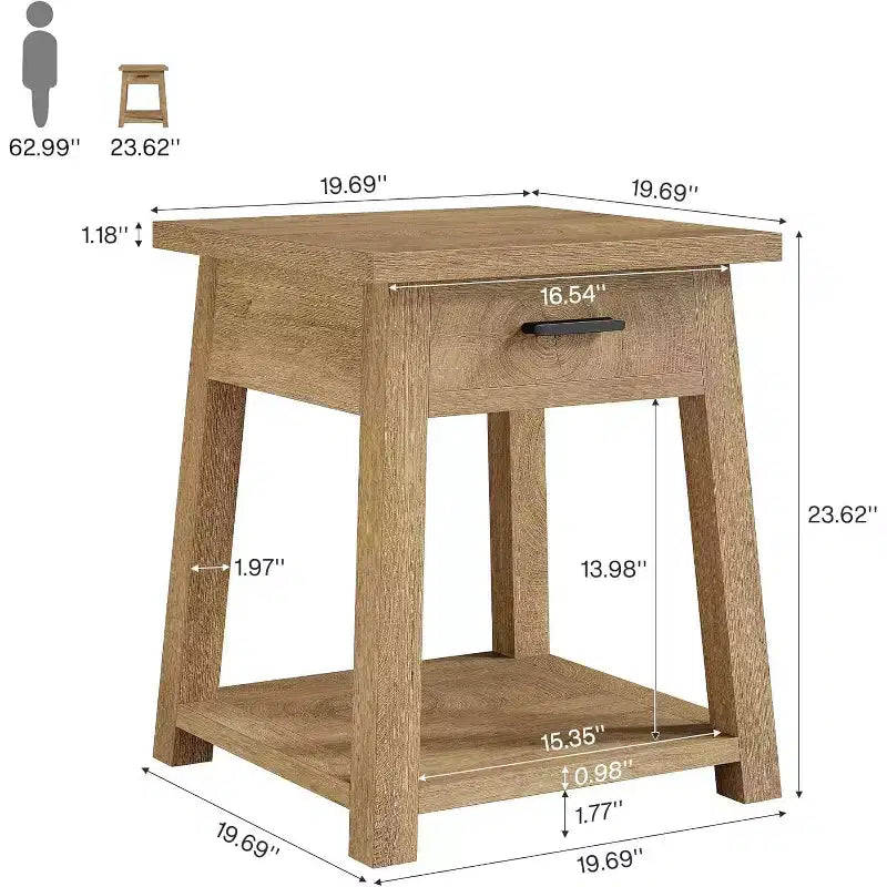 Tribesigns Tavolino quadrato a 2 ripiani, Tavolino d'appoggio in legno con cassetto, con ripiano portaoggetti per soggiorno, camera da letto, ufficio, marrone naturale