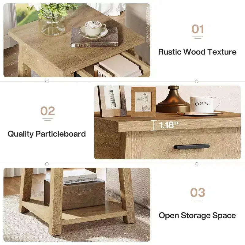 Tribesigns Tavolino quadrato a 2 ripiani, Tavolino d'appoggio in legno con cassetto, con ripiano portaoggetti per soggiorno, camera da letto, ufficio, marrone naturale