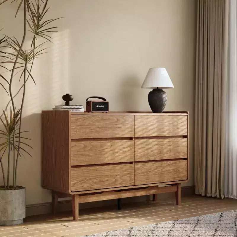 Cassettiera LuxenHome in stile Mid-Century con finitura naturale, 6 cassetti, contenitore orizzontale, legno ingegnerizzato Marrone