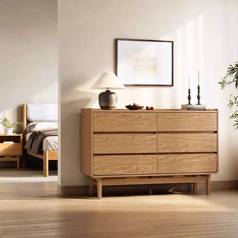Cassettiera LuxenHome in stile Mid-Century con finitura naturale, 6 cassetti, contenitore orizzontale, legno ingegnerizzato Marrone