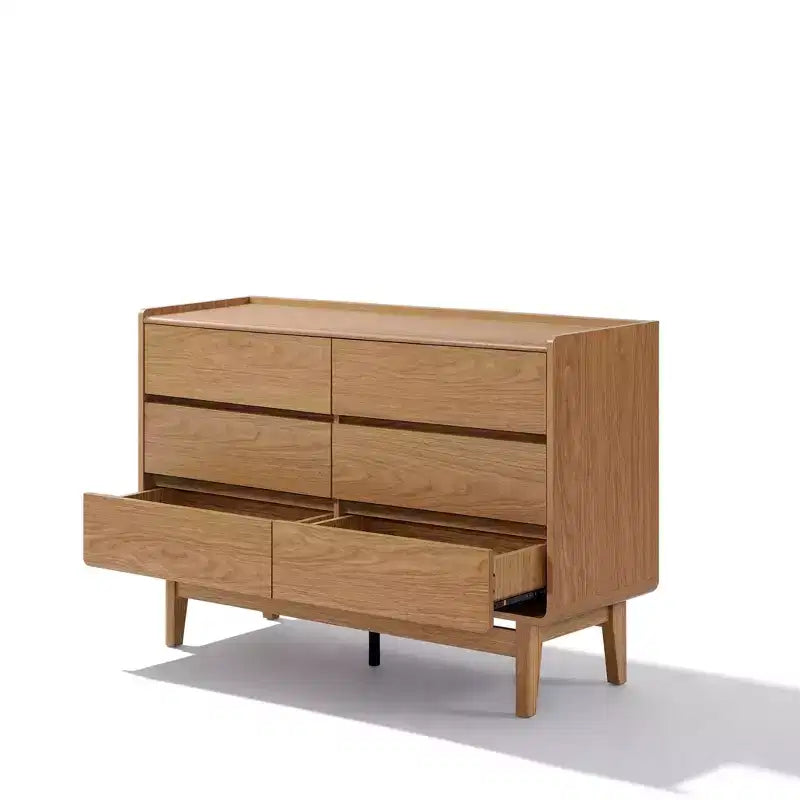 Cassettiera LuxenHome in stile Mid-Century con finitura naturale, 6 cassetti, contenitore orizzontale, legno ingegnerizzato Marrone
