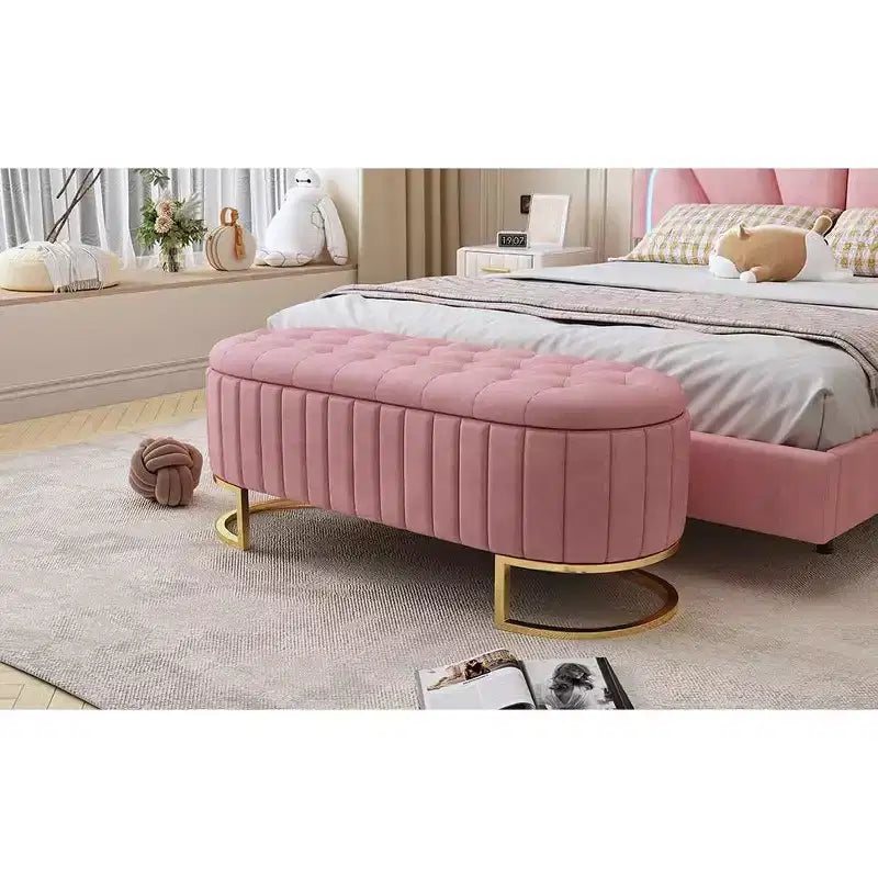Panca contenitore imbottita Okak Elegent con bottoni capitonné, panca da ingresso con gambe in metallo, panca da fondo letto facile da montare per camera da letto