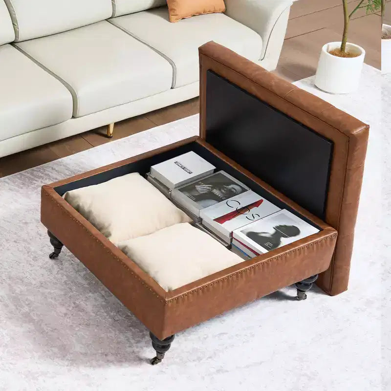 VEVOR Pouf Ottomano Quadrato in Pelle da 78 cm con Contenitore, Tavolino con Ruote a Rotelle, in Pelle PU, Marrone