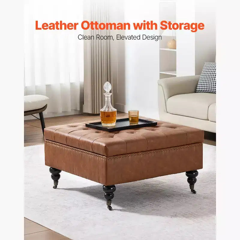 VEVOR Pouf Ottomano Quadrato in Pelle da 78 cm con Contenitore, Tavolino con Ruote a Rotelle, in Pelle PU, Marrone
