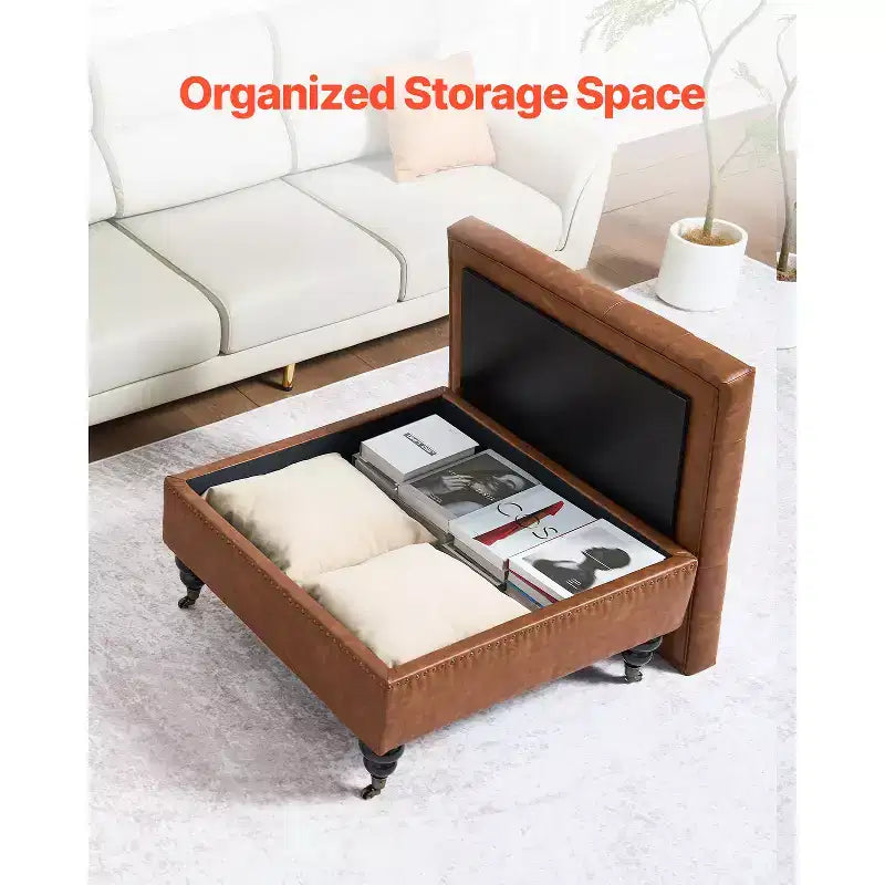 VEVOR Pouf Ottomano Quadrato in Pelle da 78 cm con Contenitore, Tavolino con Ruote a Rotelle, in Pelle PU, Marrone