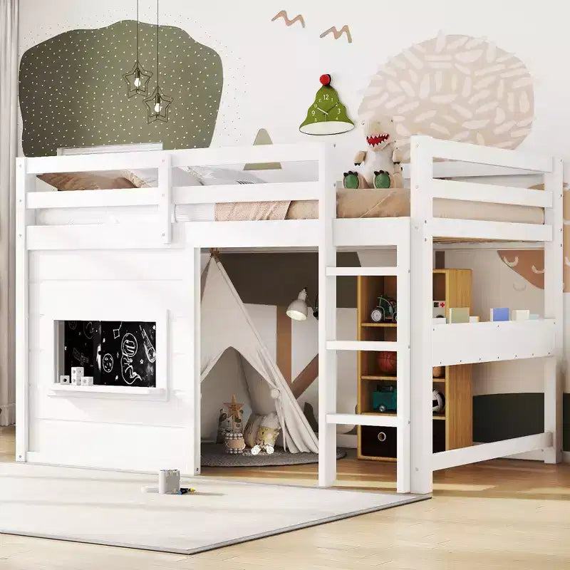 Bellemave Letto a soppalco con libreria integrata e sponde di sicurezza di alta qualità, Struttura letto a soppalco in legno massello con lavagna scorrevole giocosa