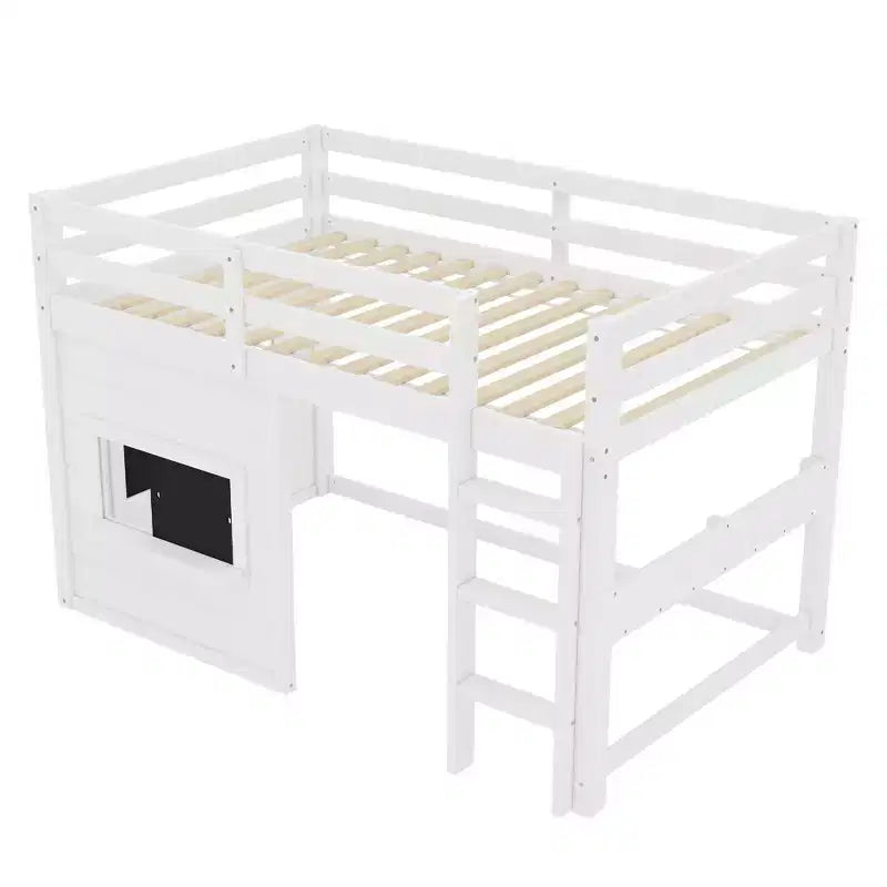 Bellemave Letto a soppalco con libreria integrata e sponde di sicurezza di alta qualità, Struttura letto a soppalco in legno massello con lavagna scorrevole giocosa