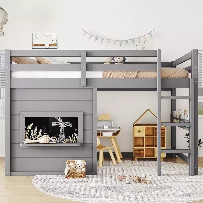 Bellemave Letto a soppalco con libreria integrata e sponde di sicurezza di alta qualità, Struttura letto a soppalco in legno massello con lavagna scorrevole giocosa