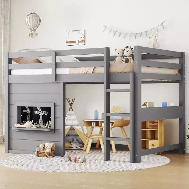 Bellemave Letto a soppalco con libreria integrata e sponde di sicurezza di alta qualità, Struttura letto a soppalco in legno massello con lavagna scorrevole giocosa